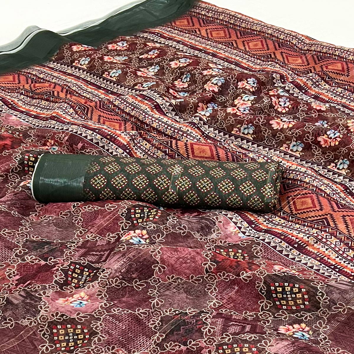 Maroon Floral Digital Printed Cotton Blend Saree