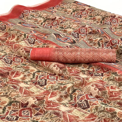 Cream & Gajari Digital Printed Cotton Blend Saree