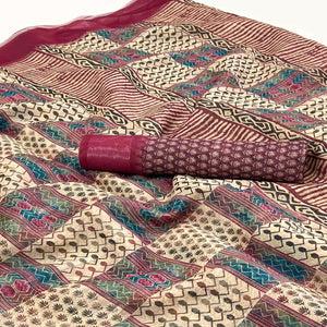 Cream & Burgundy Digital Printed Cotton Blend Saree