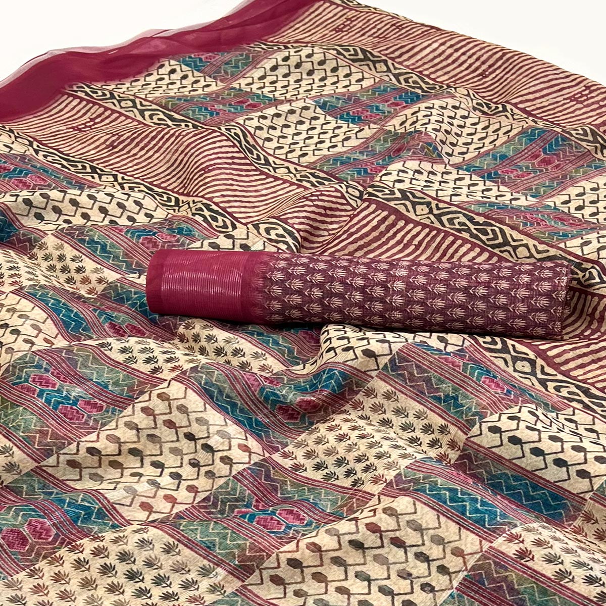 Cream & Burgundy Digital Printed Cotton Blend Saree