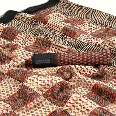 Cream & Black Digital Printed Cotton Blend Saree