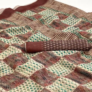 Cream & Brown Digital Printed Cotton Blend Saree