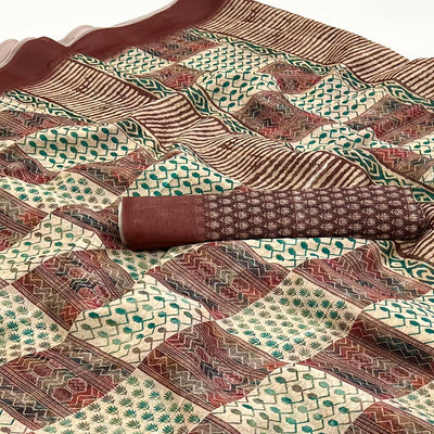 Cream & Brown Digital Printed Cotton Blend Saree