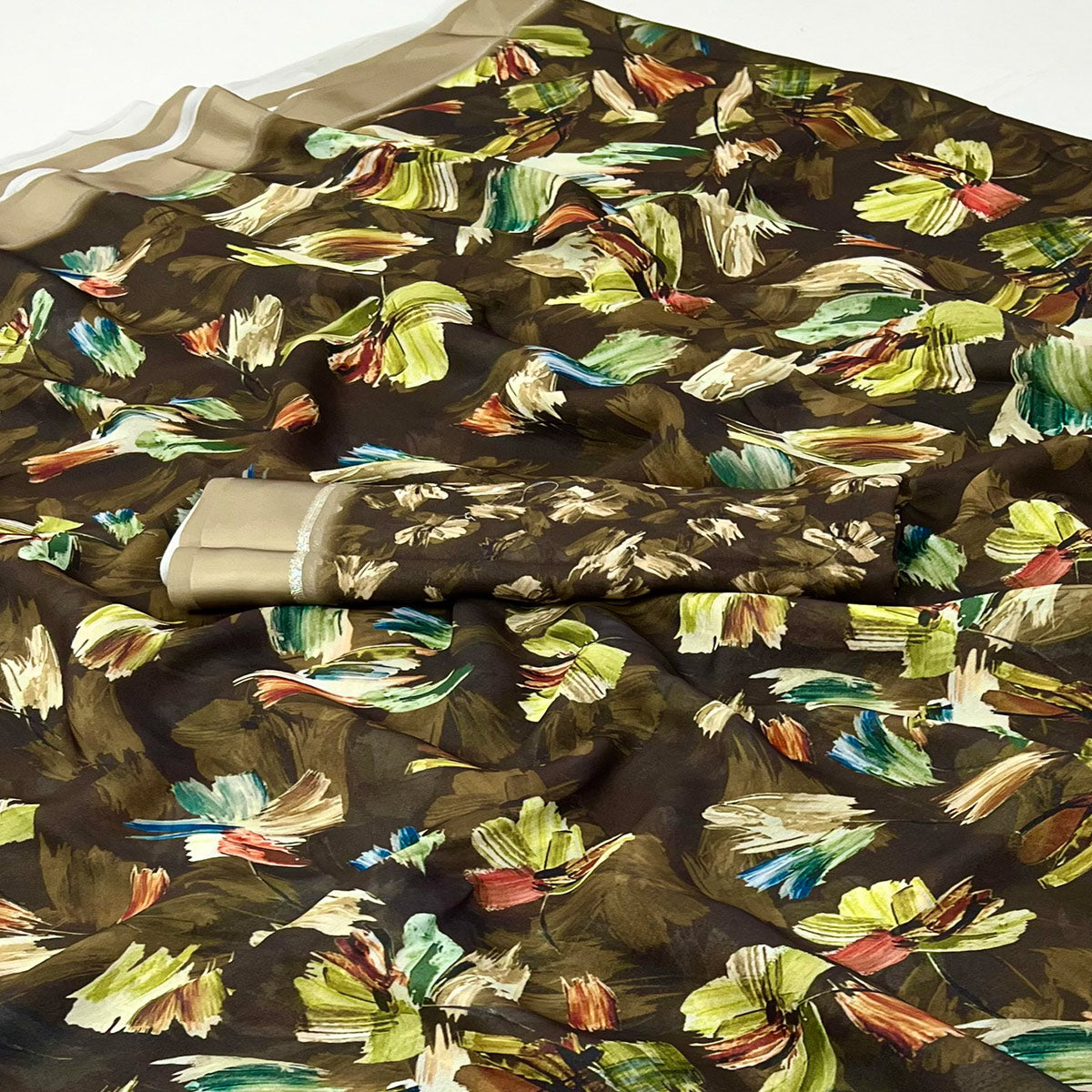 Brown Digital Printed Georgette Saree