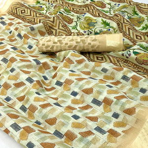 Cream Geometric Digital Printed Cotton Blend Saree