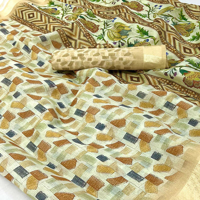 Cream Geometric Digital Printed Cotton Blend Saree