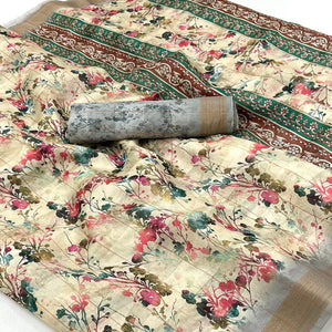Cream & Grey Floral Digital Printed Cotton Blend Saree