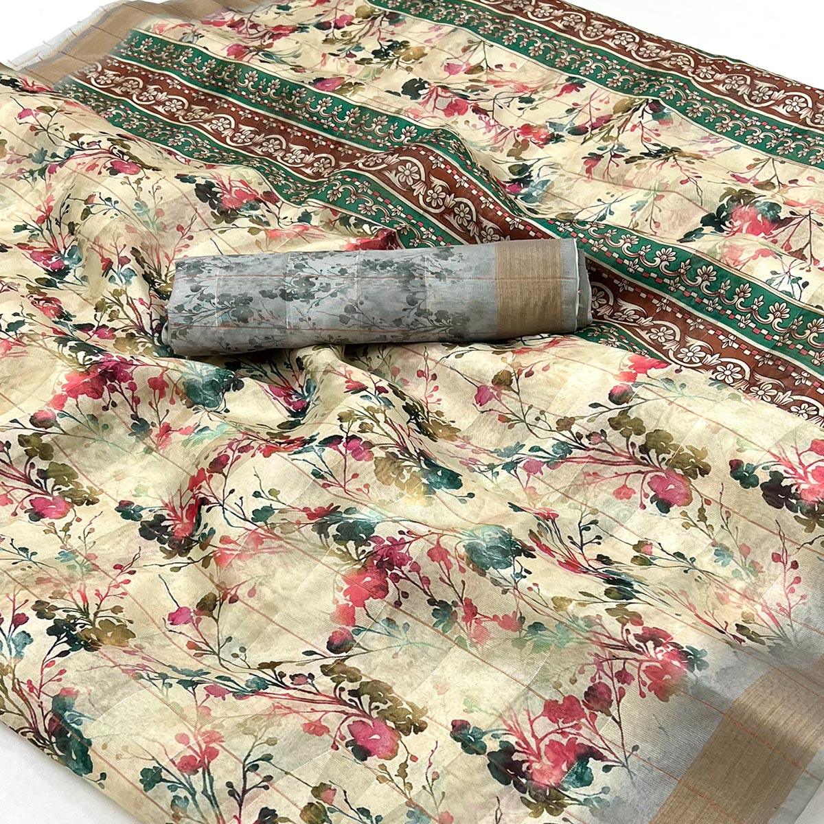 Cream & Grey Floral Digital Printed Cotton Blend Saree
