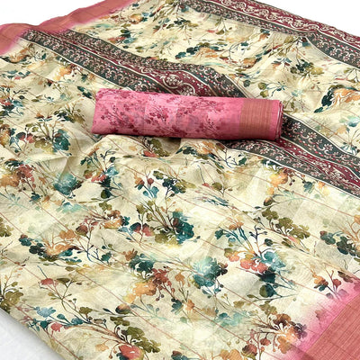 Cream & Pink Floral Digital Printed Cotton Blend Saree