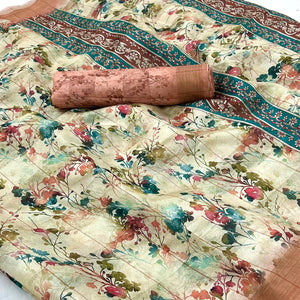 Cream & Peach Floral Digital Printed Cotton Blend Saree