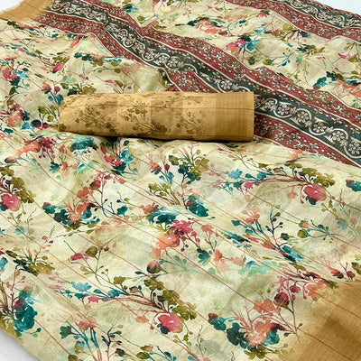 Cream & Brown Floral Digital Printed Cotton Blend Saree