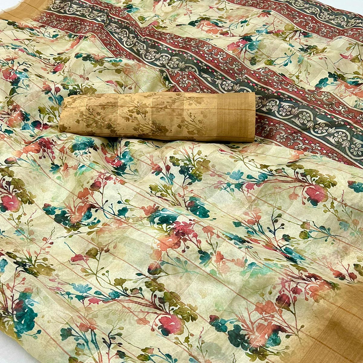 Cream & Brown Floral Digital Printed Cotton Blend Saree