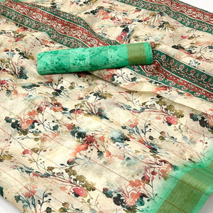 Cream & Rama Green Floral Digital Printed Cotton Blend Saree