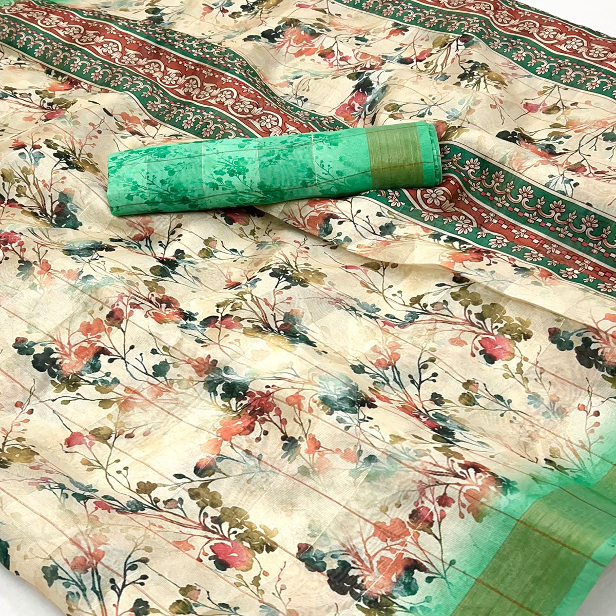 Cream & Rama Green Floral Digital Printed Cotton Blend Saree