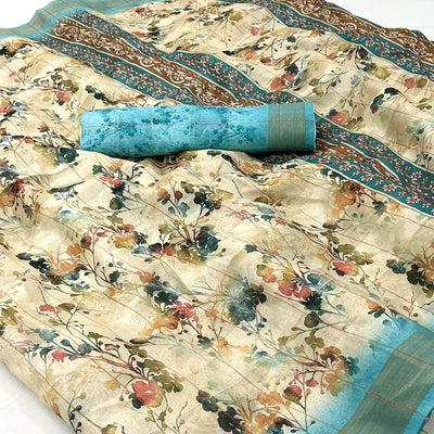 Cream & Blue Floral Digital Printed Cotton Blend Saree