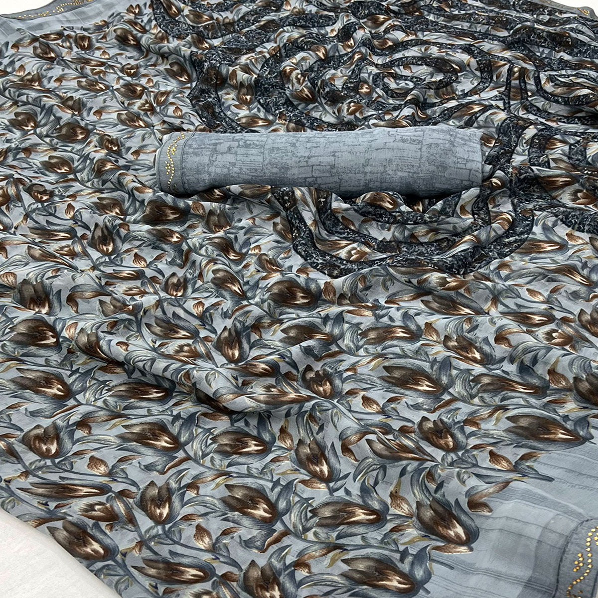 Bluish Grey Floral Printed Georgette Saree
