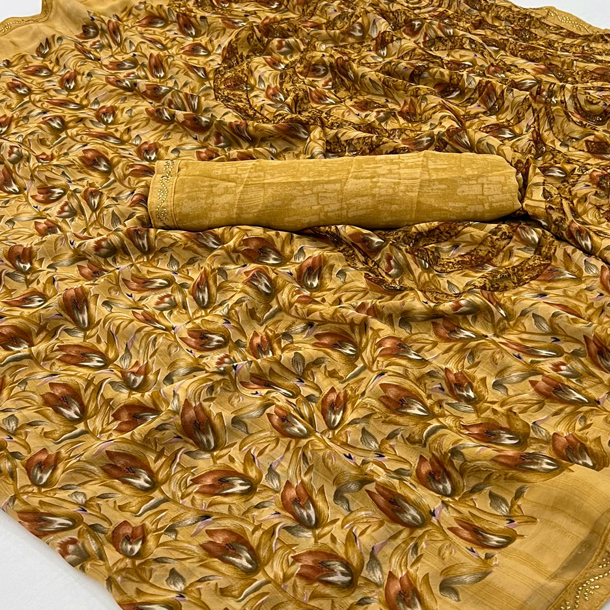 Dark Mustard Floral Printed Georgette Saree