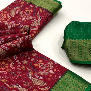 Maroon Floral Printed Dola Silk Saree With Woven Border