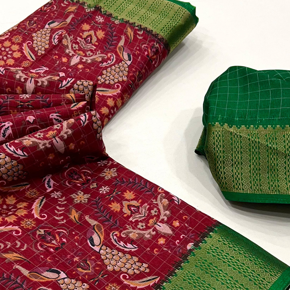 Maroon Floral Printed Dola Silk Saree With Woven Border