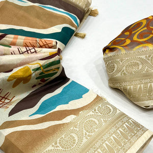 Chikoo Digital Printed Dola Silk Saree With Woven Border