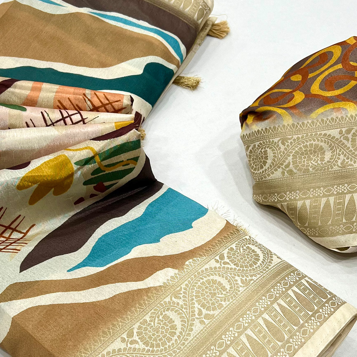 Chikoo Digital Printed Dola Silk Saree With Woven Border