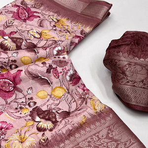 Dusty Peach Floral Printed Dola Silk Saree With Woven Border