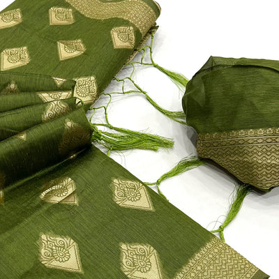 Mehendi Green Woven Cotton Blend Saree With Tassels