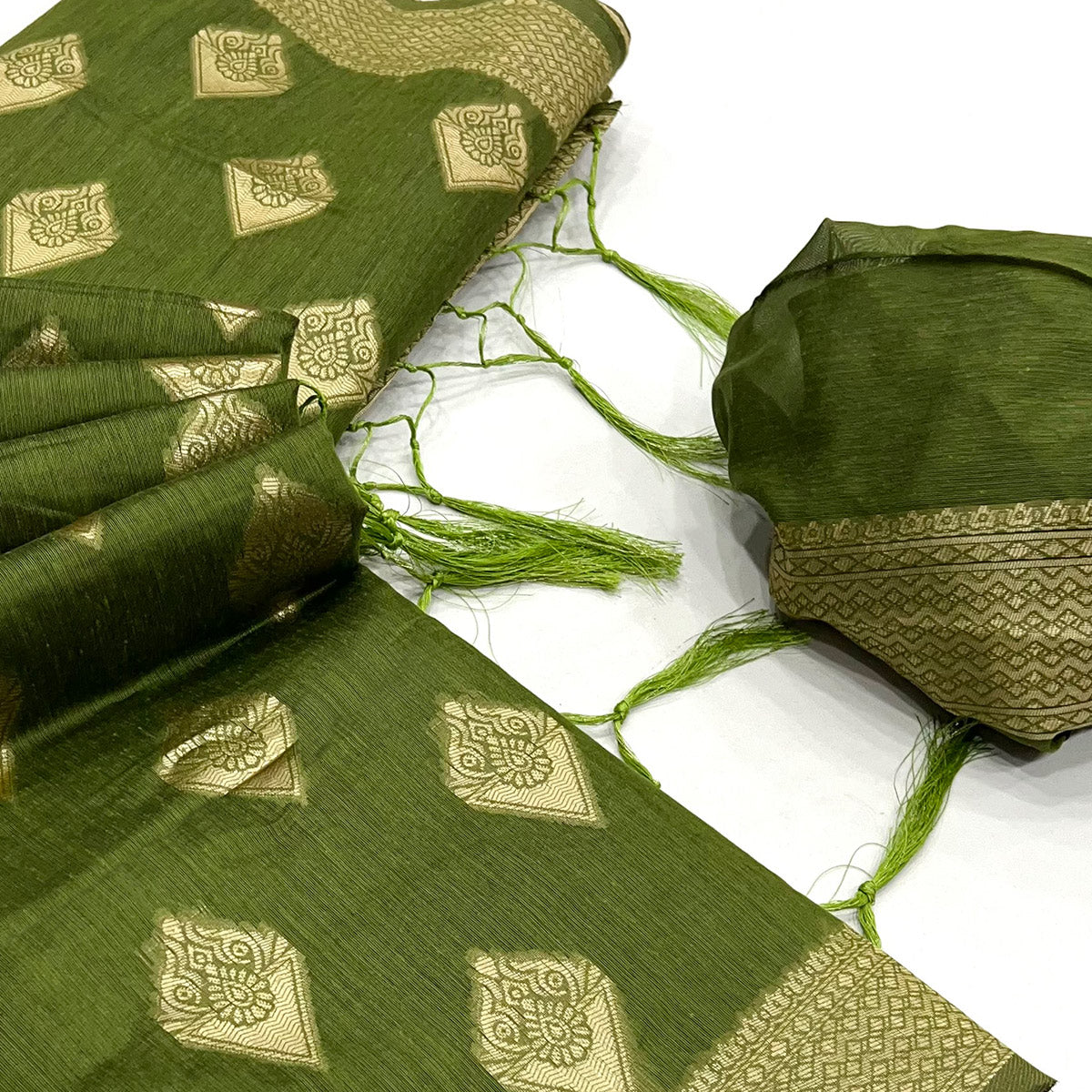 Mehendi Green Woven Cotton Blend Saree With Tassels