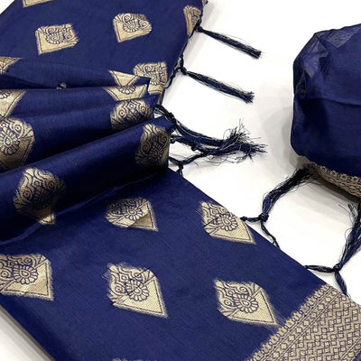 Blue Woven Cotton Blend Saree With Tassels
