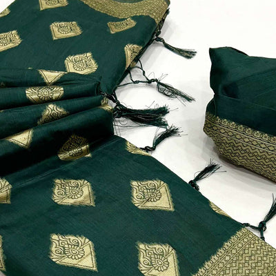 Bottle Green Woven Cotton Blend Saree With Tassels