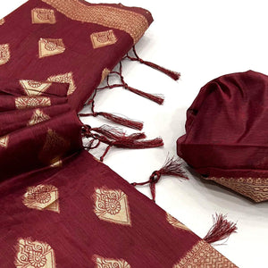 Maroon Woven Cotton Blend Saree With Tassels