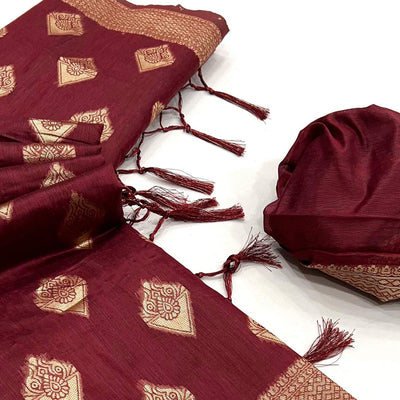 Maroon Woven Cotton Blend Saree With Tassels