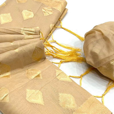 Chikoo Woven Cotton Blend Saree With Tassels