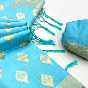 Blue Woven Cotton Blend Saree With Tassels