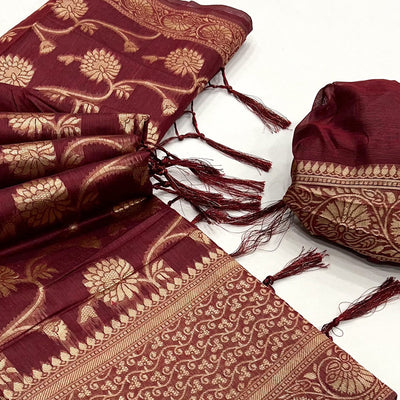 Maroon Floral Woven Cotton Blend Saree With Tassels