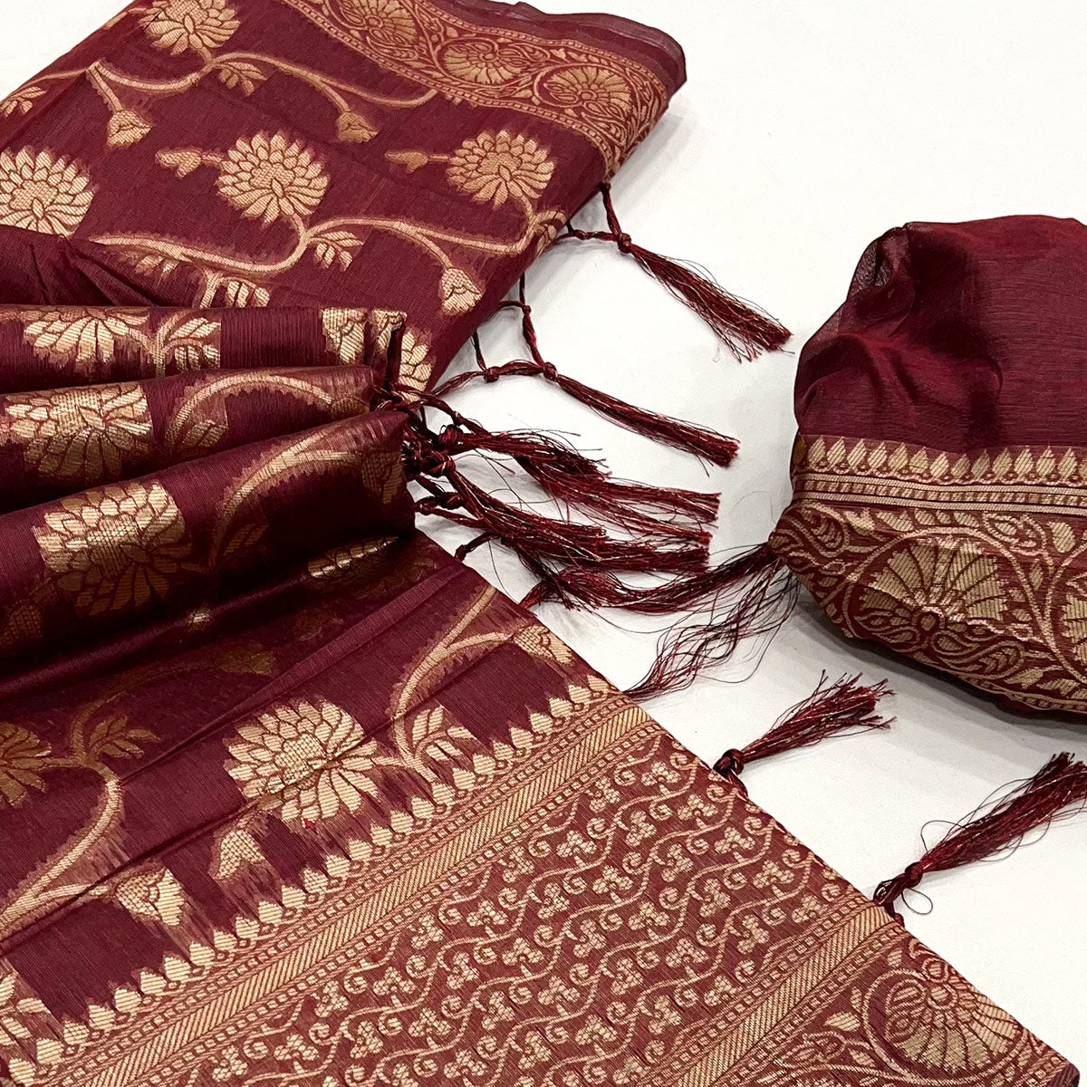 Maroon Floral Woven Cotton Blend Saree With Tassels