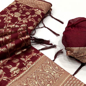 Maroon Floral Woven Cotton Blend Saree With Tassels