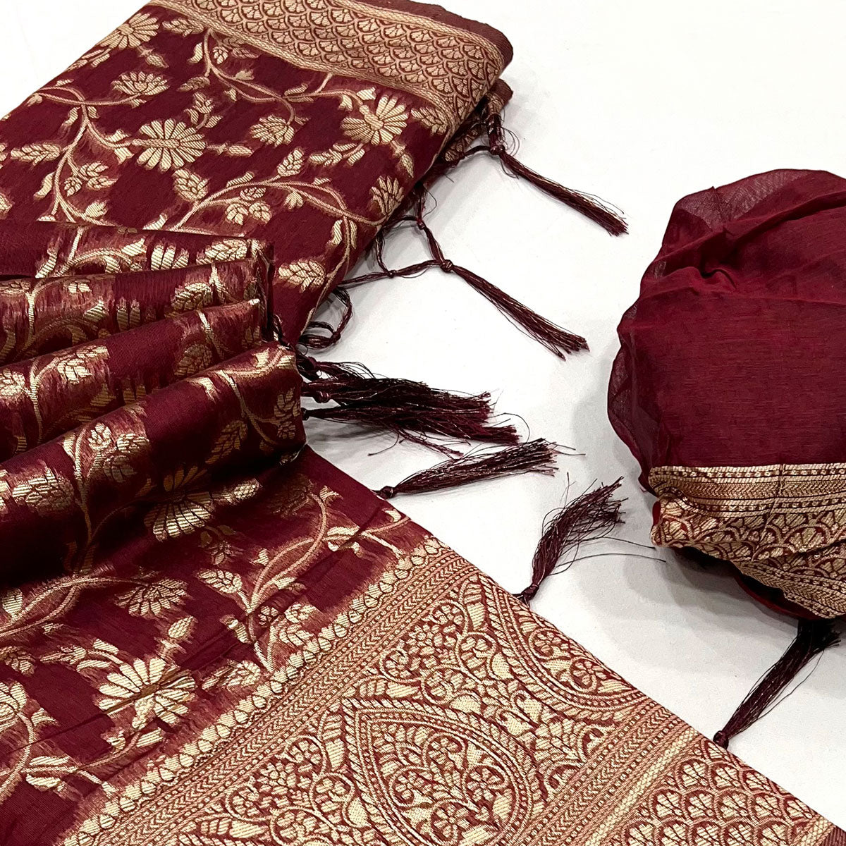 Maroon Floral Woven Cotton Blend Saree With Tassels