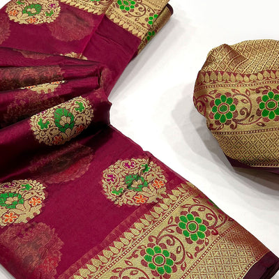Maroon Floral Woven Organza Saree