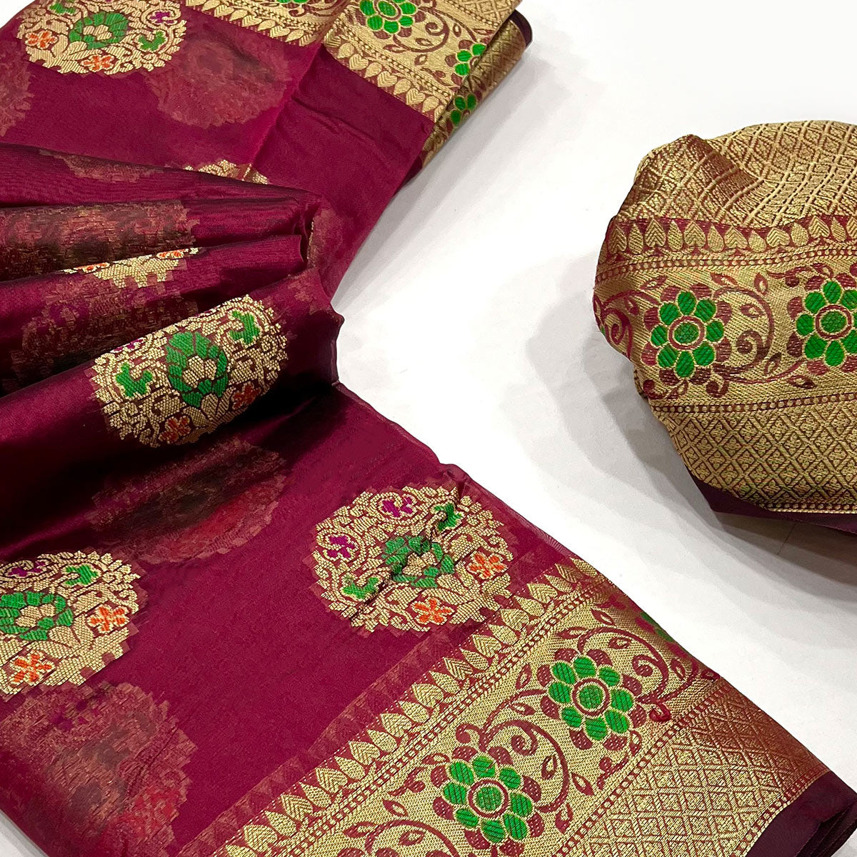 Maroon Floral Woven Organza Saree