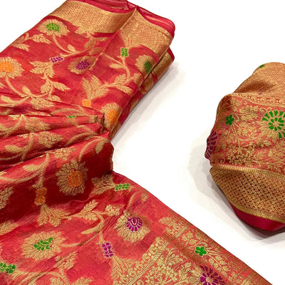 Gajari Pink Floral Woven Organza Saree