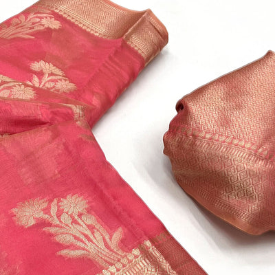 Gajari Pink Zari Woven Raw Silk Saree