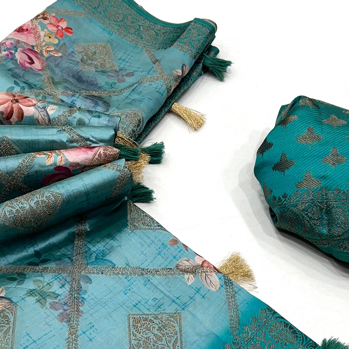 Blue Woven With Floral Digital Printed Raw Silk Saree