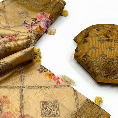 Chikoo Woven With Floral Digital Printed Raw Silk Saree