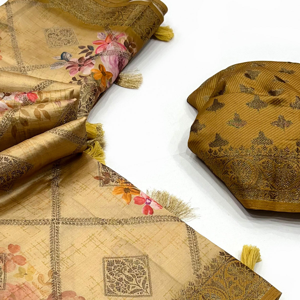 Chikoo Woven With Floral Digital Printed Raw Silk Saree