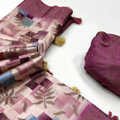 Mauve Woven With Floral Digital Printed Raw Silk Saree