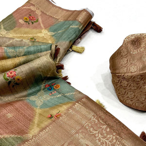 Brown Woven With Floral Digital Printed Raw Silk Saree