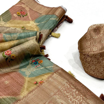 Brown Woven With Floral Digital Printed Raw Silk Saree