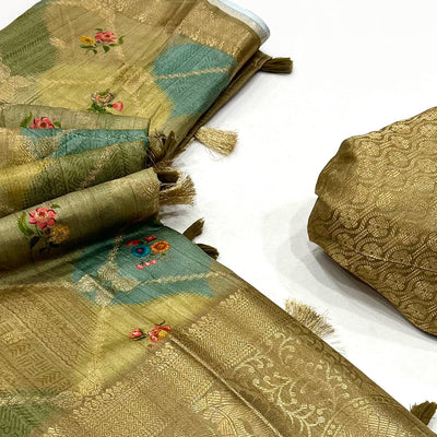 Chikoo Woven With Floral Digital Printed Raw Silk Saree