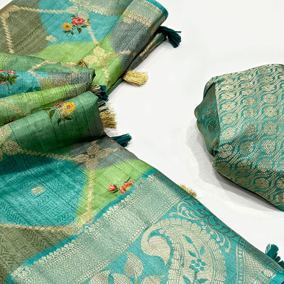 Blue Woven With Floral Digital Printed Raw Silk Saree